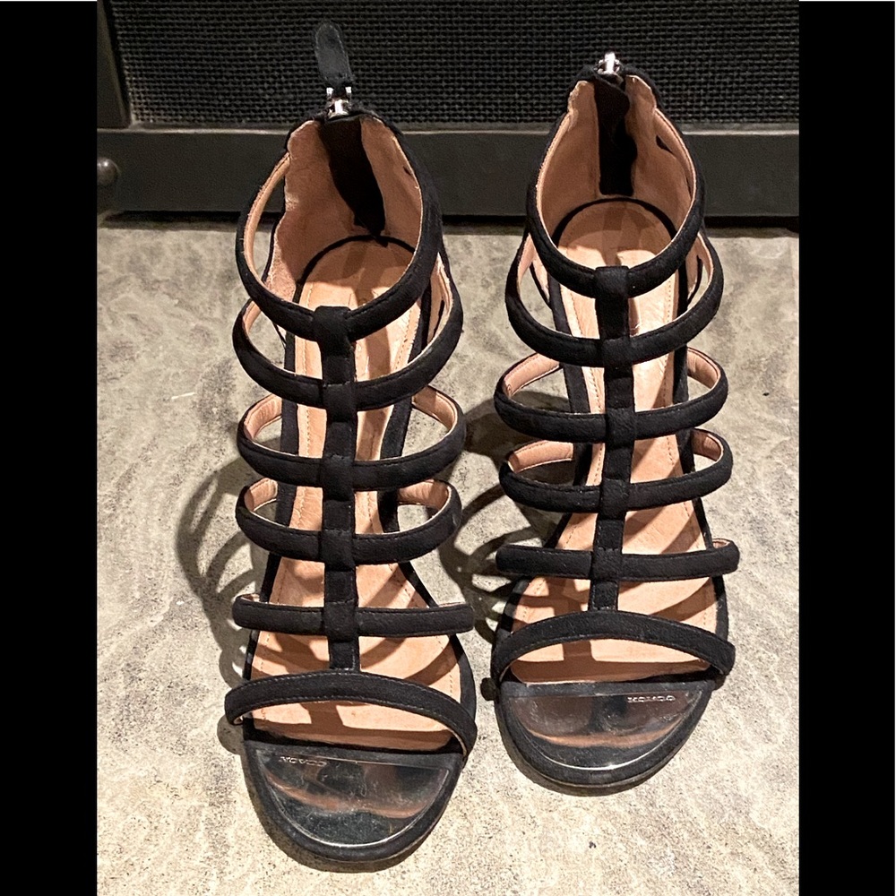 Coach black suede strappy hi-heeled sandals/open toed booties, size 8.